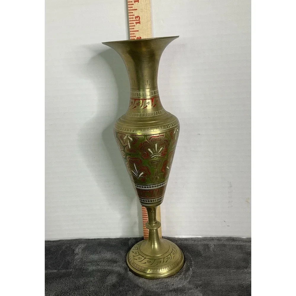 Vintage Brass Vase Decorative‎ Floral Ornate Etched Accent Tall Pedestal Vase